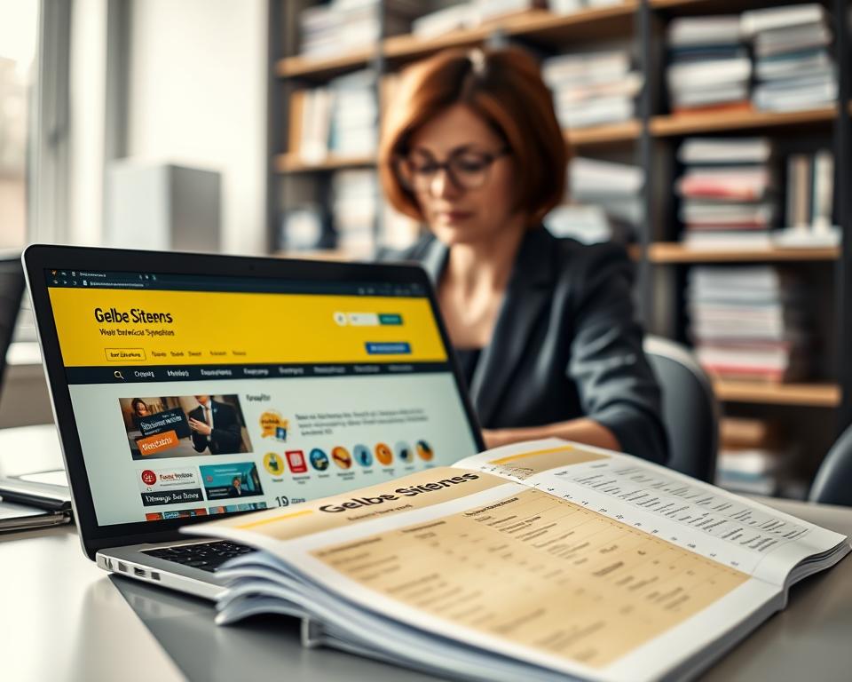 A busy office setting with a clear focus on an open laptop displaying the "Gelbe Seiten" website, showing a vibrant yellow and black color scheme. In the foreground, a professional woman in business attire, with short brown hair and glasses, is intently searching for service providers. In the middle, a large printed directory of "Gelbe Seiten" lies next to the laptop, featuring clear, colorful business listings. In the background, there are blurred shelves filled with various printed directories, creating a sense of depth. The lighting is bright and natural, filtering in through a nearby window, evoking a productive atmosphere. The overall mood is one of efficient research and reliable sourcing, emphasizing connection and professionalism in service search.