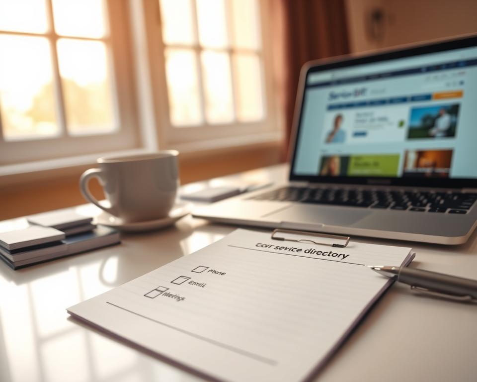 A professional checklist for contacting service providers, displayed on a clean, modern desk. In the foreground, an organized notepad with a bullet-pointed checklist, featuring icons for phone calls, emails, and meetings. Beside the notepad, a sleek pen and a laptop displaying a service directory webpage. In the middle ground, a blurred coffee cup and some business cards, suggesting a productive work environment. In the background, softly lit window panes allowing warm natural light to filter in, creating an inviting atmosphere. Shot from a slight overhead angle to capture the entire scene, invoking a mood of professionalism and efficiency, focusing on clear organization and practical tools for service research.