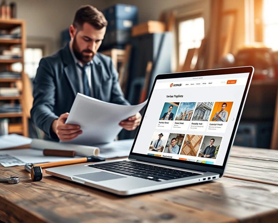 A professional craftsman’s portal design, featuring a dynamic and inviting website layout on a modern laptop placed on a wooden workbench. In the foreground, a skilled artisan in professional business attire examines blueprints, surrounded by tools like a hammer, wrench, and measuring tape. The middle ground showcases the laptop's screen displaying a vibrant and user-friendly interface with images of verified service providers and categories like plumbing, electrical work, and carpentry. In the background, a well-organized workshop with shelves of materials and natural light streaming through a window, creating a warm and productive atmosphere. The focus is sharp on the artisan and digital portal, with a soft bokeh effect on the background, evoking a sense of trust and professionalism in the home improvement industry.
