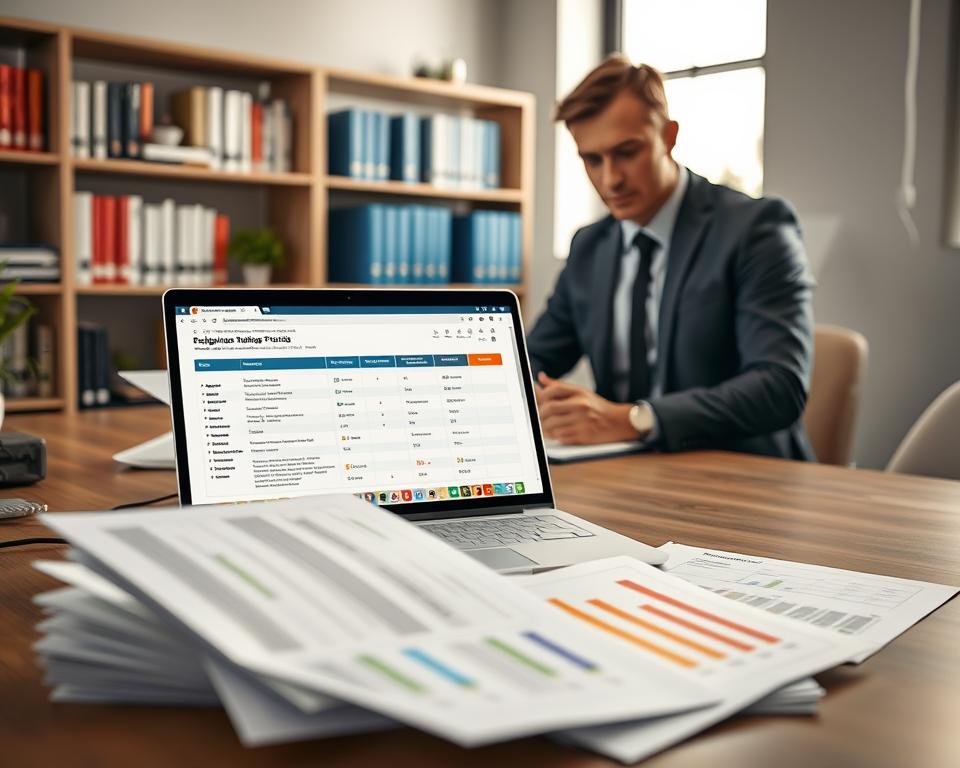 A professional workspace featuring a modern desk setup with a laptop, open to a website displaying various rating platforms used in Germany. In the foreground, there are several printed reviews and comparison charts neatly arranged, highlighting the evaluation of different services. The middle ground includes a confident businessperson in professional attire, analyzing the data on the laptop screen, embodying focus and expertise. In the background, soft-focus shelves filled with industry-related books create an atmosphere of knowledge and trustworthiness. The lighting is bright yet soft, simulating a warm office environment, with natural light streaming from a window, casting gentle shadows that enhance the scene's depth. The overall mood conveys professionalism and careful research in using feedback platforms effectively.