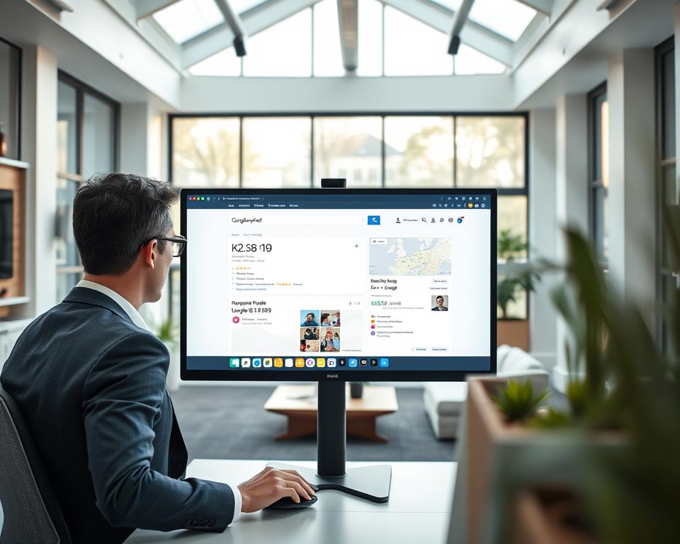 A sleek and modern office environment centered around a large computer screen displaying the "Google Unternehmensprofil" interface. In the foreground, a professional businessperson in smart attire is focused on the screen, analyzing data and reviewing business profiles. The middle ground features a stylish, open workspace with contemporary furniture and plants, promoting a productive atmosphere. In the background, large windows let in bright, natural light, illuminating the workspace with a clean and inviting ambiance. The composition should have a warm, efficient mood that conveys the importance of using digital resources for research. The angle is slightly from above, highlighting both the professional and the technology involved in utilizing Google Maps and Business Profiles for quick assessments.