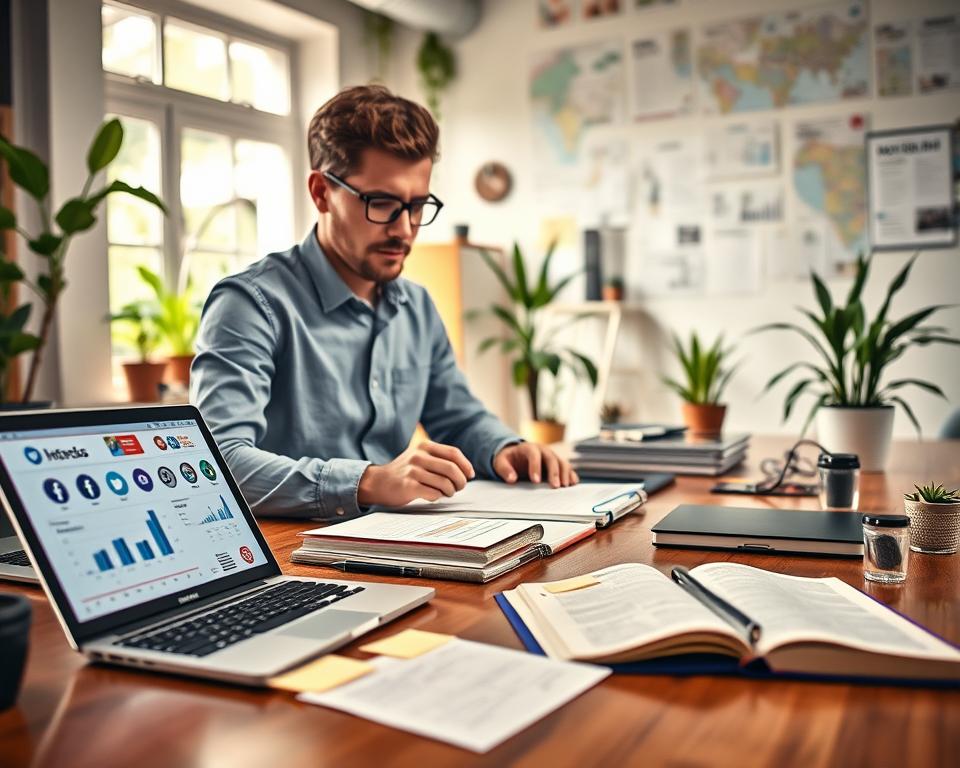 A vibrant and engaging workspace setting focused on social media research, featuring a professional individual in smart casual clothing, intently analyzing data on a laptop surrounded by open notebooks and digital devices. In the foreground, a detailed view of social media icons and graphs on the laptop screen, with sticky notes and research materials scattered on a polished wooden desk. The middle ground shows a bright window with plants, bringing in natural light that creates a warm and inviting ambiance. In the background, a softly blurred wall filled with maps and local group flyers, suggestive of community engagement. The scene should evoke a sense of collaboration and innovation, illustrating the powerful impact of social media in research and networking.